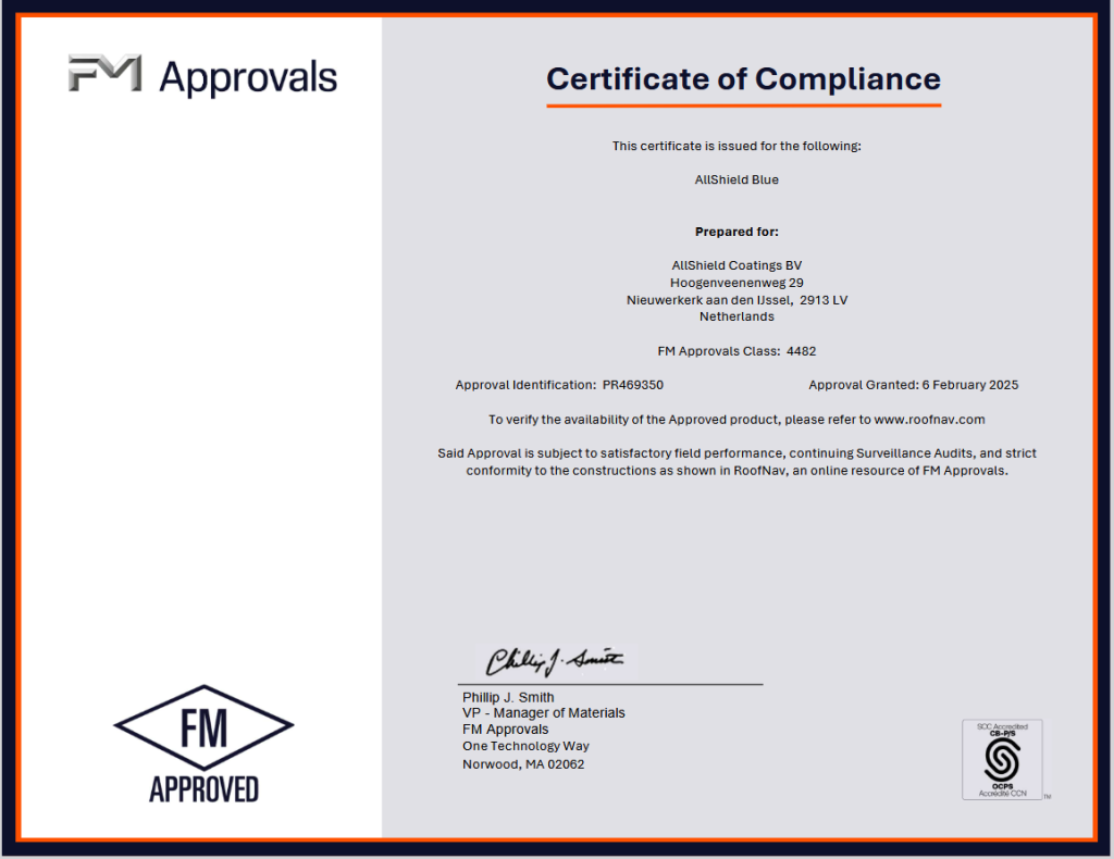 FM Approved certificate Allshield Blue